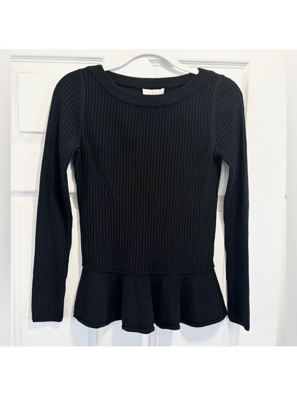 Tory Burch Ramona Merino Wool Sweater Peplum Ribbed Crew Neck Black Size Small